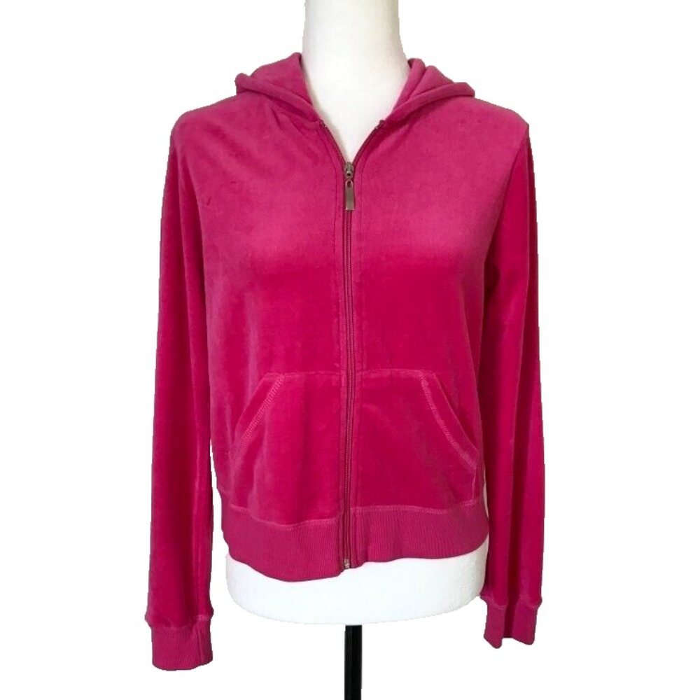 Vintage F & F Hot Pink Full Zip Velour Hoodie Womens Size Large Y2K Kangaroo